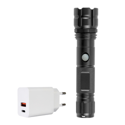 Balenie hliníkovej baterky PNI Adventure F10 s LED 6W, 500lm do ohniska 200m, s batériou a napájaním PNI CHG300 s USB C portom, QC3.0, PD3.0, PPS a USB-A port, 30W