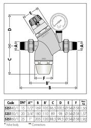 Tlakový redukčný ventil 1", PN 25bar, pracovný rozsah 1-6 bar, T max.+40 °C, manometer 0-10 bar,s 1/4” F napojením na manometer, filter so sitkom - 280 µm