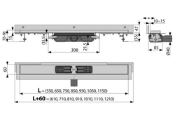Flexible Low - Podlahový žľab s okrajom pre perforovaný rošt a s nastaviteľným límcom ku stene, dĺžka 1150mm