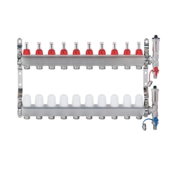 Nerezový rozdeľovač hranatý - 10 - cestný- prietokomery, termostat. ventily, automat. odvzd. ventily, pripojenie 1" závit