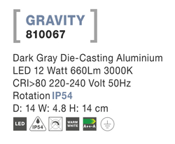 Svietidlo Nova Luce GRAVITY WALL GREY nástenné, IP 54, 12 W