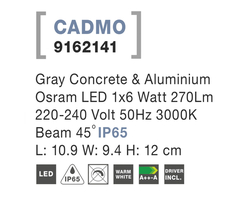 Svietidlo Nova Luce CADMO R WALL GREY nástenné, IP 65, 6 W
