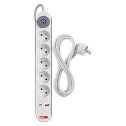 Predlžovací kábel 3 m / 5 zásuvky / s vypínačom / biely / 1×USB-A + 1×USB-C / 1,5 mm2