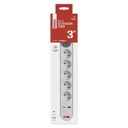 Predlžovací kábel 3 m / 5 zásuvky / s vypínačom / biely / 1×USB-A + 1×USB-C / 1,5 mm2
