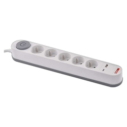 Predlžovací kábel 3 m / 5 zásuvky / s vypínačom / biely / 1×USB-A + 1×USB-C / 1,5 mm2