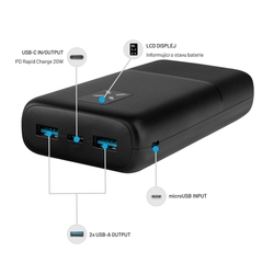 Powerbanka FIXED Zen 20 s LCD displejom a výstupom PD 20W, 20 000 mAh, čierna