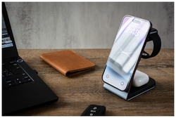 Stojanček FIXED MagPowerstation ALU s bezdrôtovým nabíjaním 3 v 1 s podporou uchytenia MagSafe, 15W+3.5W+2.5W, space gra