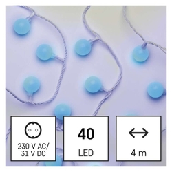 LED svetelná cherry reťaz – guličky 2,5 cm, 4 m, vonkajšia aj vnútorná, modrá, časovač