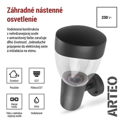 Záhradné nástenné svietidlo ARTEO, 16,4 x 12 x 23 cm, 1 x E27, 15 W