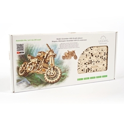 Hračka Ugears 3D drevené mechanické puzzle UGR-10 Motorka (scrambler) s vozíkom