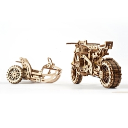 Hračka Ugears 3D drevené mechanické puzzle UGR-10 Motorka (scrambler) s vozíkom