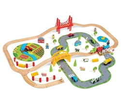 Vláčkodráha Bigjigs Rail drevená s vidieckou cestou 80 dielov