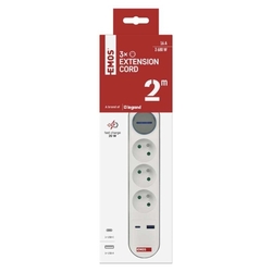 Predlžovací kábel 2 m / 3 zásuvky / s vypínačom / biely / 1×USB-A + 1×USB-C / 1,5 mm2
