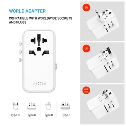 Adaptér FIXED Cestovné Voyager 120W pre EÚ, UK a USA/AUS, s 3xUSB-C a 1xUSB výstupom, GaN, PD 120W, biely