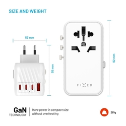 Adaptér FIXED Cestovné Voyager 120W pre EÚ, UK a USA/AUS, s 3xUSB-C a 1xUSB výstupom, GaN, PD 120W, biely