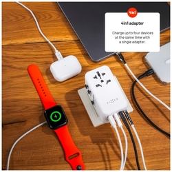 Adaptér FIXED Cestovné Voyager 120W pre EÚ, UK a USA/AUS, s 3xUSB-C a 1xUSB výstupom, GaN, PD 120W, biely