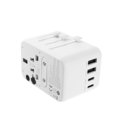 Adaptér FIXED Cestovné pre EÚ, UK a USA/AUS, s 3xUSB-C a 2xUSB výstupom, GaN, PD 65W, biely