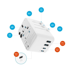 Adaptér FIXED Cestovné pre EÚ, UK a USA/AUS, s 3xUSB-C a 2xUSB výstupom, GaN, PD 65W, biely