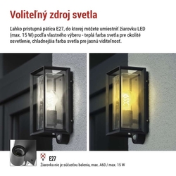 Záhradné nástenné svietidlo MALVA, senzor súmraku, 13 x 12 x 28 cm, 1 x E27, 15 W