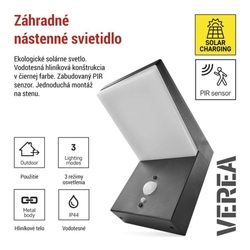 LED záhradné solárne nástenné svietidlo VEREA, senzor súmraku, 10,7 x 15,4 x 13 cm