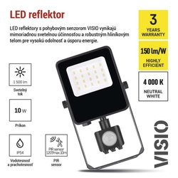LED reflektor VISIO s pohybovým čidlom, 10W, neutrálna biela, čierný