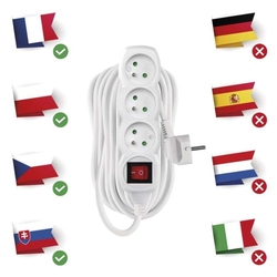 Predlžovací kábel 10 m / 3 zásuvky / s vypínačom / biely / PVC / 1,5 mm2