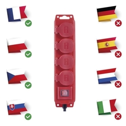 Predlžovací kábel 3 m / 4 zásuvky / s vypínačom / čierno-červený / guma-neoprén / 1,5 mm2