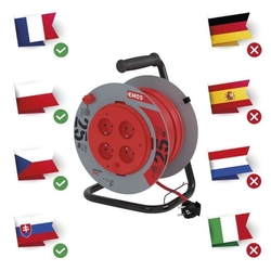 Predlžovací kábel na bubne 25 m / 4 zásuvky / červený / PVC / 230 V / 1,5 mm2