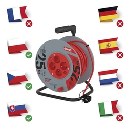 Predlžovací kábel na bubne 25 m / 4 zásuvky / s vypínačom / červený / PVC / 230V / 1,5 mm2