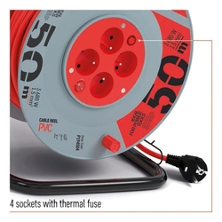 Predlžovací kábel na bubne 50 m / 4 zásuvky / s vypínačom / červený / PVC / 230V / 1,5 mm2