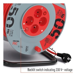 Predlžovací kábel na bubne 50 m / 4 zásuvky / s vypínačom / červený / PVC / 230V / 1,5 mm2