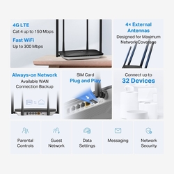 Modem TP-Link Mercusys MB115-4G LTE s WiFi routerem, 3x LAN, 1x WAN, 1x slot SIM, 2,4