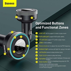 Baseus Car Charger Bluetooth FM Transmitter Enjoy Car with LED display Wireless U+U+3,5mm audio+TF MP3 Charger BT 5.0, 3.4A Black (CCLH-01)
