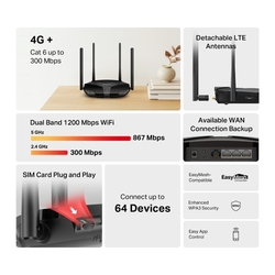 Modem TP-Link Mercusys MB235-4G AC1200, LTE s WiFi routerom, 3x GLAN, 1x GWAN, 1x slot SIM, 2,4/5GHz