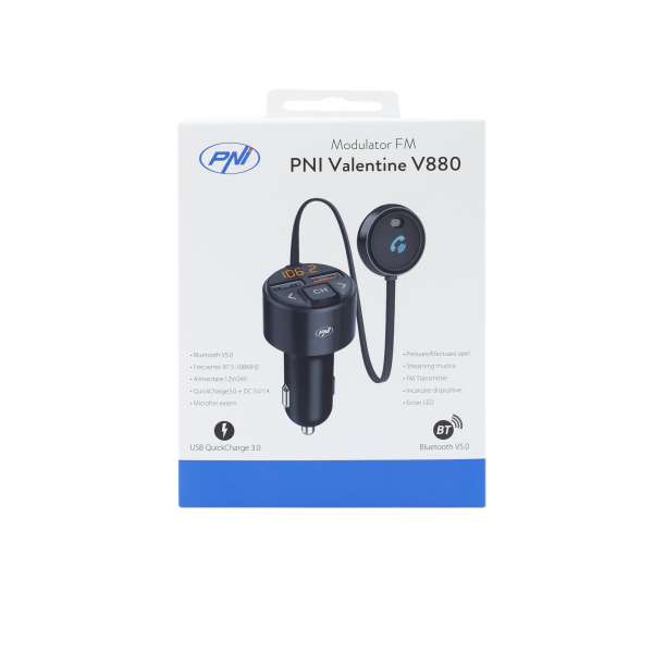 PNI Valentine V880 FM modulátor s mikrofónom, Bluetooth 5.0, MP3 prehrávač, FM vysielač, duálny USB port, rýchle nabíjanie mobilných zariadení cez QC3.0, kompatibilné s Siri a Google Assistant