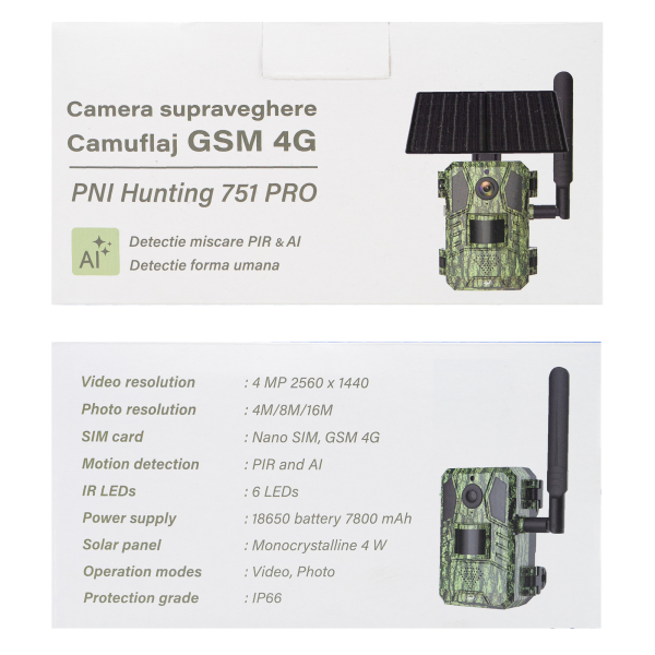 Kamuflážna videokamera PNI Hunting 751 PRO, 16MP, 4G LTE, GPS, nočné videnie, batéria, solárny panel, neviditeľné LED diódy pre zvieratá, IP66