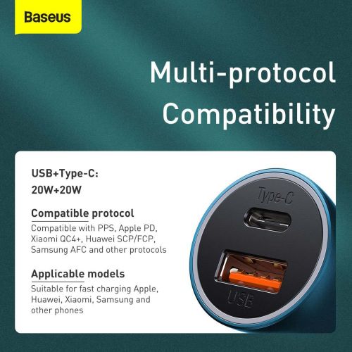 Baseus Car Charger Golden Contactor Pro Dual Quick Charger U+C, PD 3.0, QC 4+, SCP FCP AFC (with Type-C - Lightning 1m Blue) 40W blue (TZCCJD-03)
